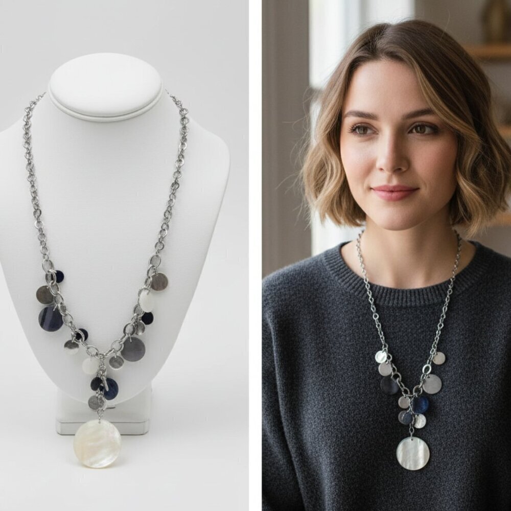Chicos Blue Silver Pendant Chain Multiple Charms Necklace Womens